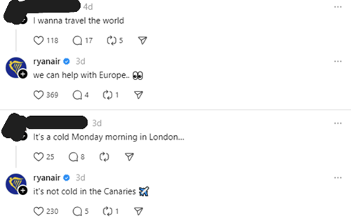 Screenshot from Ryan Air on Threads